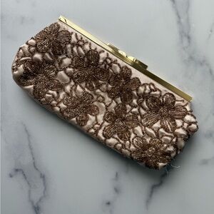 Beaded Pink and Gold Floral Clutch with Metallic Frame